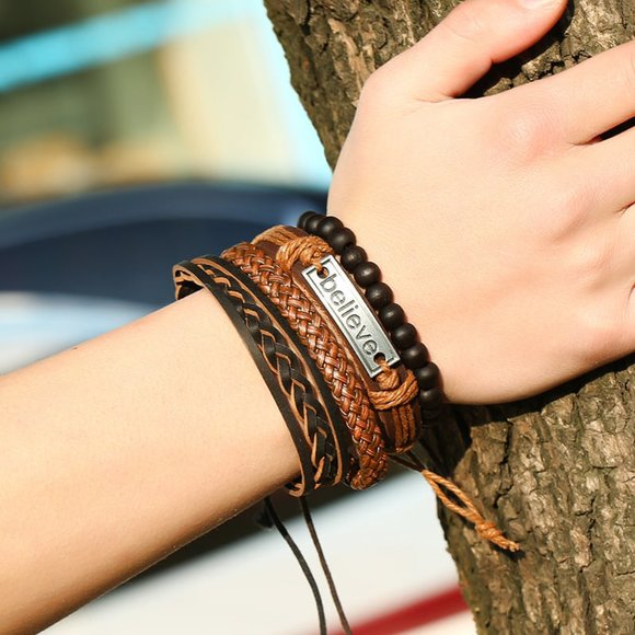 4pcs Men's Multilayer Leather Bracelet (Believe)  - ADJUSTABLE SIZE - Picture 2 of 5